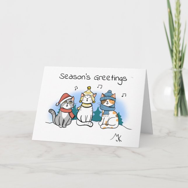 Cartoon Cat Christmas Carollers Season's Greetings Card (Front)