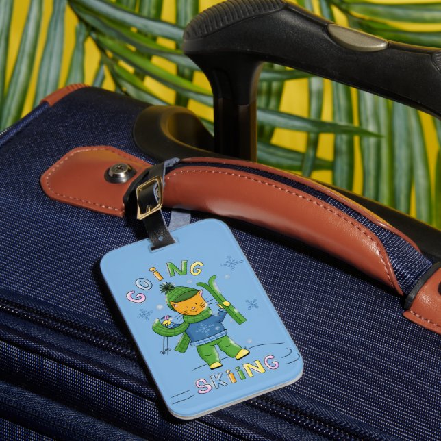 Cartoon Cat Going Skiing Kid Blue Luggage Tag (Front Insitu 1)