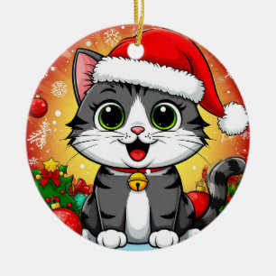 Cartoon Cat in Santa Hat With Christmas Decoration