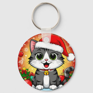 Cartoon Cat in Santa Hat With Christmas Decoration Key Ring