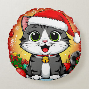 Cartoon Cat in Santa Hat With Christmas Decoration Round Cushion