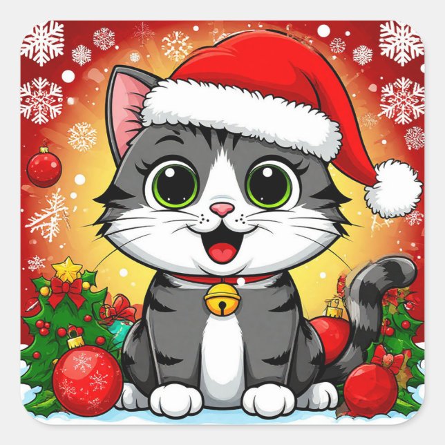 Cartoon Cat in Santa Hat With Christmas Decoration Square Sticker (Front)