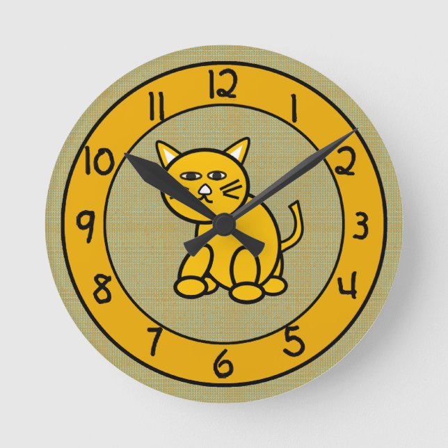 Cartoon Cat on Cute Gold Clock for Kids (Front)