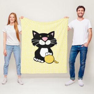 Cartoon Cat on Polka Dot Fleece Blanket