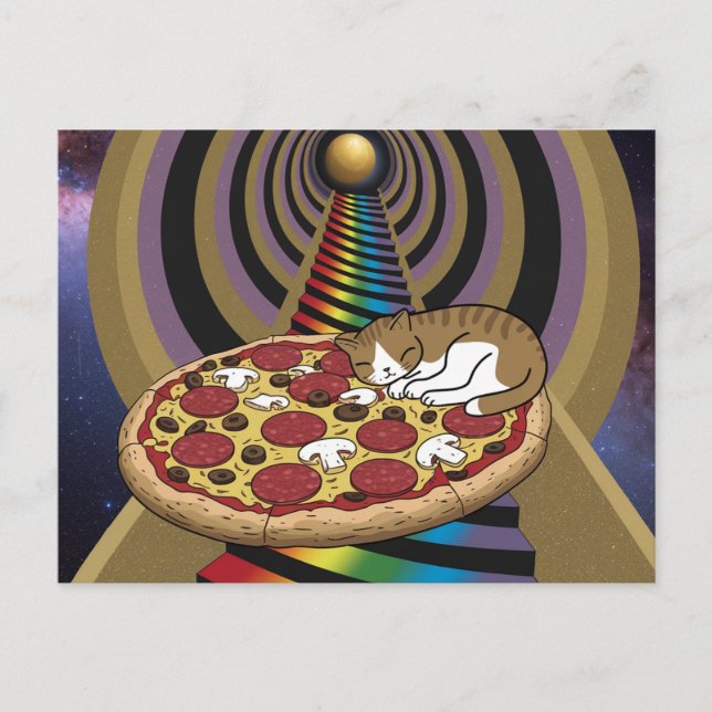  Cartoon Cat Sleeping on a Pizza Postcard (Front)