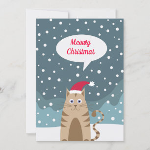 Cartoon cat wearing santa hat in winter landscape holiday card