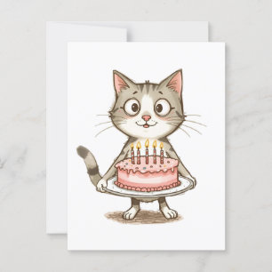 Cartoon cat with birthday cake postcard