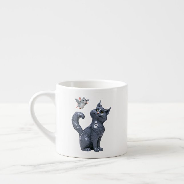 Cartoon Cat with Mouse Espresso Cup (Left)