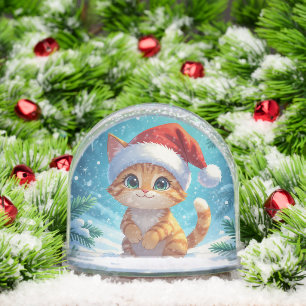 Cartoon Cat with Santa Hat Christmas Snow Globe