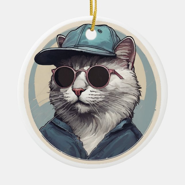 Cartoon Cat with Sunglasses Ceramic Tree Decoration (Front)