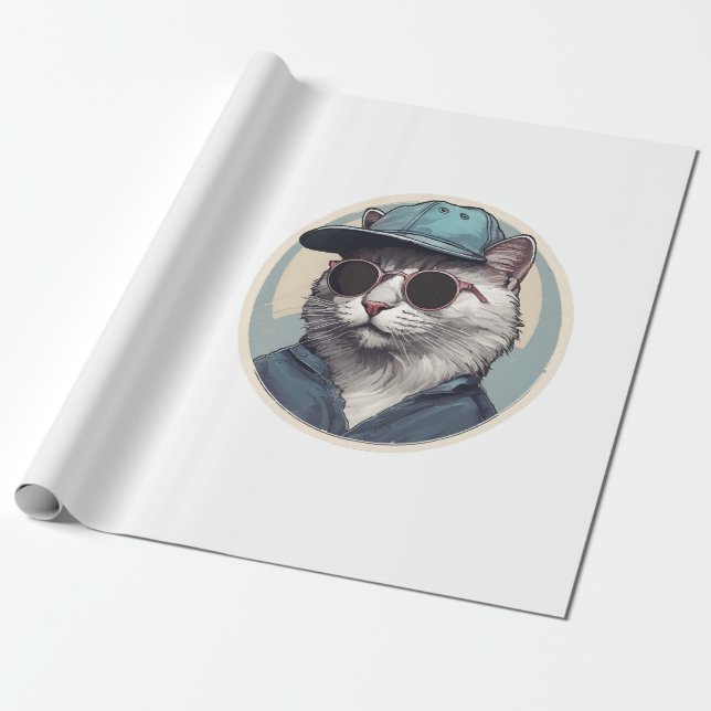 Cartoon Cat with Sunglasses Wrapping Paper (Unrolled)