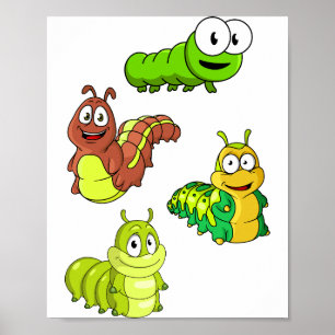 Cartoon Caterpillars Green Yellow Brown Poster