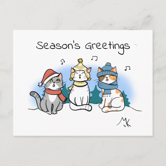 Cartoon Cats Christmas Carolling Seasons Greetings Holiday Postcard (Front)
