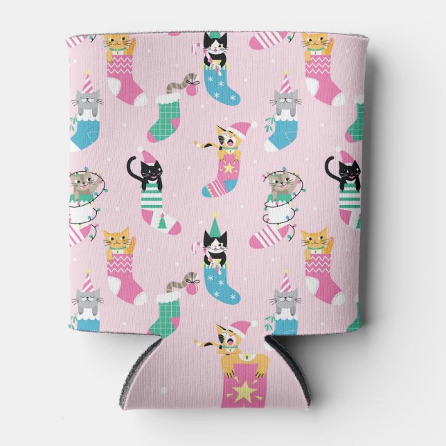 Cartoon Cats Christmas Seamless Pattern Can Cooler (Front)
