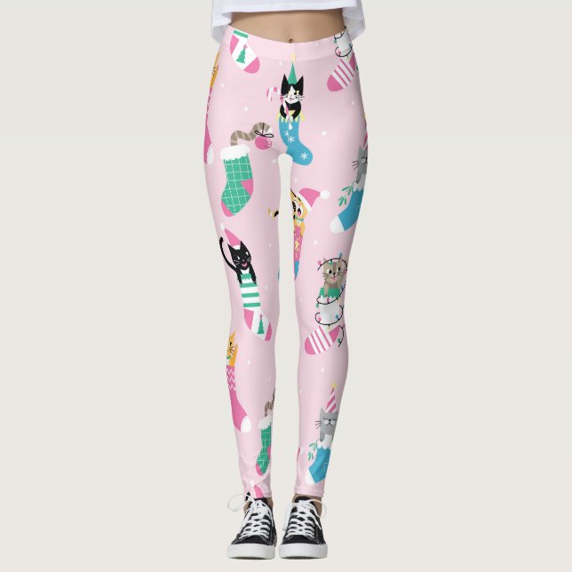Cartoon Cats Christmas Seamless Pattern Leggings (Front)