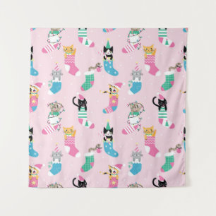 Cartoon Cats Christmas Seamless Pattern Tapestry