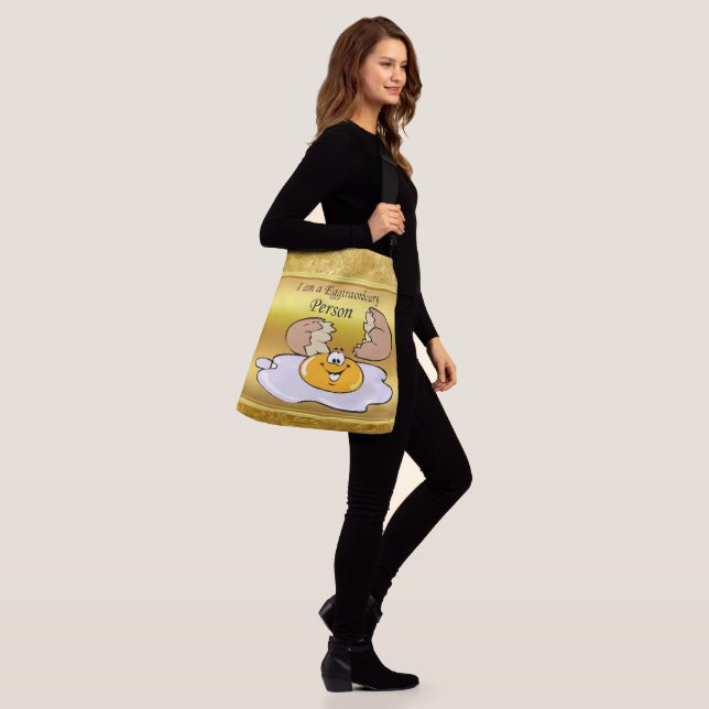 cartoon character fried egg with big smile crossbody bag (On Model)