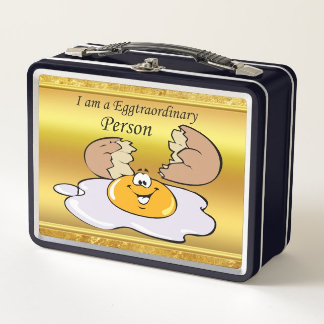 cartoon character fried egg with big smile metal lunch box (Front)