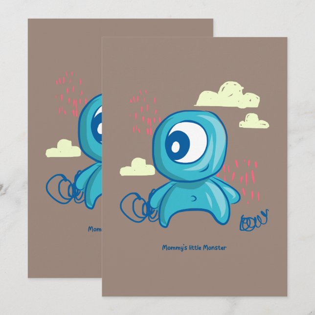 Cartoon Character Hand Drawn Blue Monster Art Invitation (Front/Back)