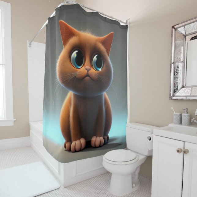 cartoon character illustration of a cute cat shower curtain (In Situ)