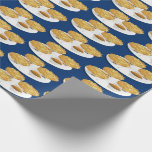 Cartoon Character Latkes Apple Sauce Sour Cream Wrapping Paper<br><div class="desc">Wrapping paper that shows a repeating pattern of smiling latke cartoons on a plate with sour cream and apple sauce all on a blue background.</div>