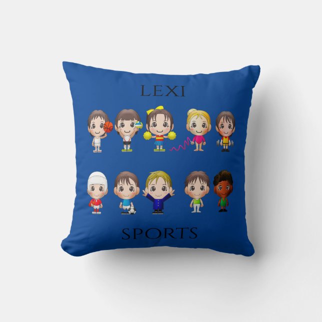 Cartoon characters throw pillow with name. (Front)