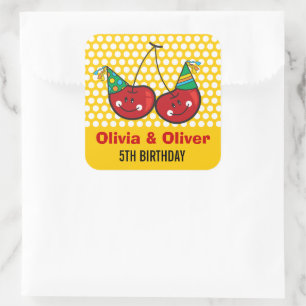 Cartoon Cheeky Cherries With Party Hats Birthday Square Sticker