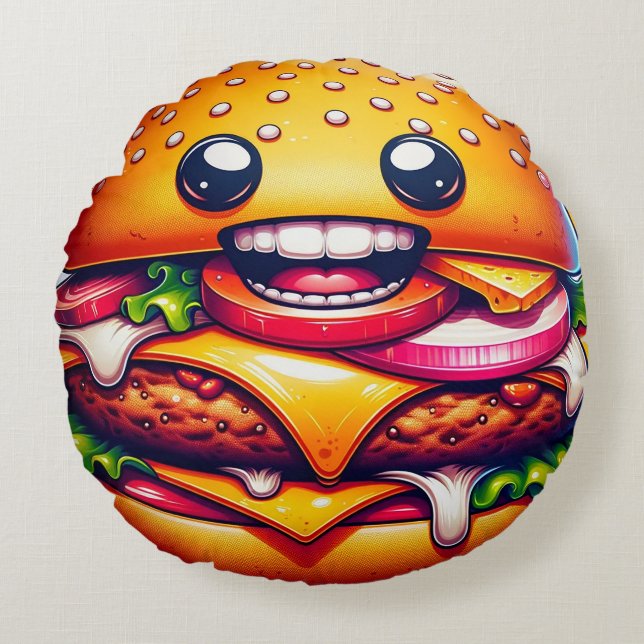Cartoon Cheeseburger Round Pillow – Whimsical (Front)