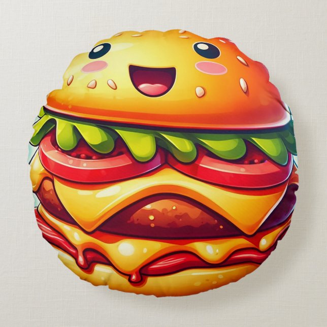 Cartoon Cheeseburger Round Pillow – Whimsical (Front)