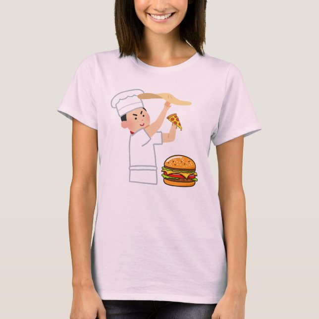 Cartoon Chef Making Pizza and Burger T-Shirt (Front)
