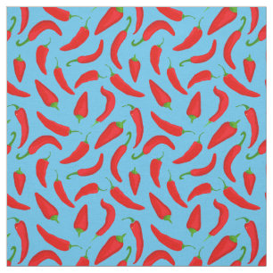 Cartoon Chilli Pepper Pattern on Blue Fabric