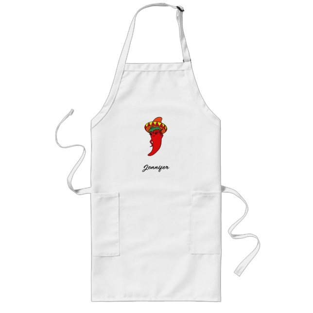 Cartoon Chilli Pepper With Custom Name Long Apron (Front)