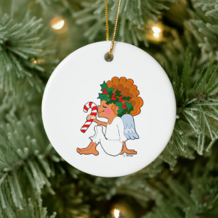 Cartoon Christmas Angel with Candy Cane Ornament