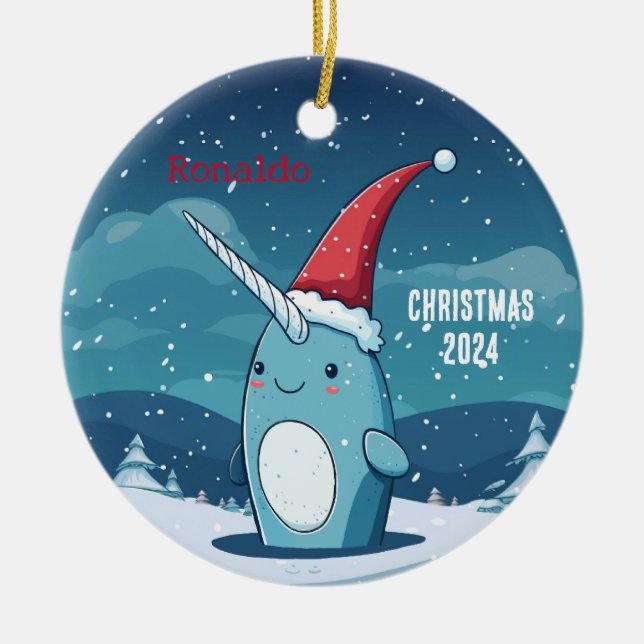 Cartoon Christmas Narwhal Personalised Ornament  (Front)