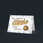Cartoon Christmas Pizza and Doughnut Holiday Card<br><div class="desc">Have some humour with your holidays! These cartoon foods are having a pizza party to wish you "Merry Crustmas". There's dancing green peppers, a green pepper Christmas tree with a cute cartoon mushroom cap wearing a red cap. There's a pepperoni being a snow angel in the cheese and a sausage...</div>