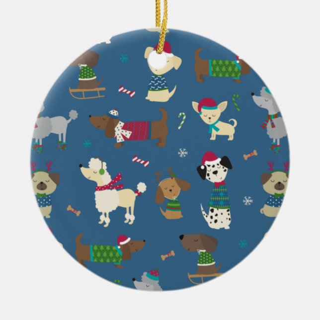 Cartoon Christmas Pups Ceramic Tree Decoration (Front)