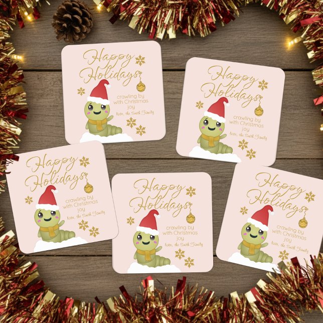 Cartoon Christmas Worm With Script Text Square Sticker (Customize these cute Christmas stickers and send them off with your gift of love.)