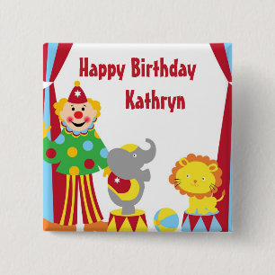 Cartoon Circus Clown and Animals Birthday Button