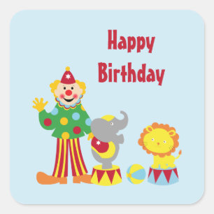 Cartoon Circus Clown and Animals Birthday Stickers