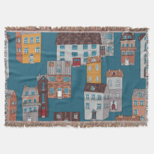 Cartoon City Vintage Wallpaper Throw Blanket