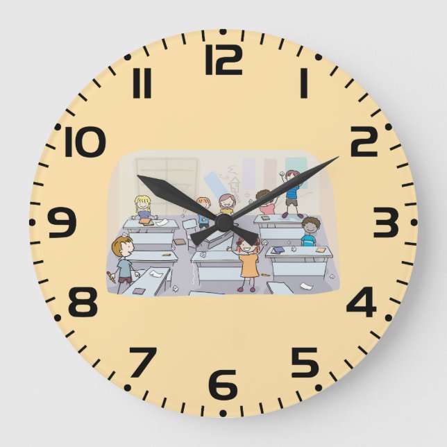 Cartoon Classroom Chaos With Wild Students Large Clock (Front)