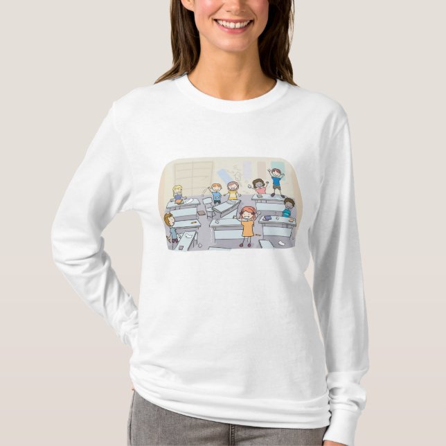 Cartoon Classroom Chaos With Wild Students T-Shirt (Front)