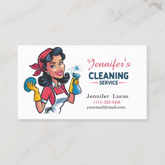 Cartoon Cleaning Lady Business Cards (Front)