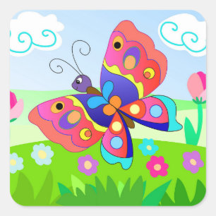 Cartoon Colorfoul butterflies and flowers  Square Sticker