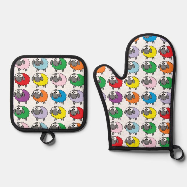 Cartoon Colourful Sheep Pattern Oven Mitt & Pot Holder Set (Front)
