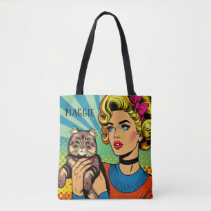 Cartoon Comic Pop Art Women and Cat  Personalised Tote Bag