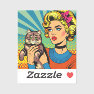 Cartoon Comic Pop Art Women Holding Cat