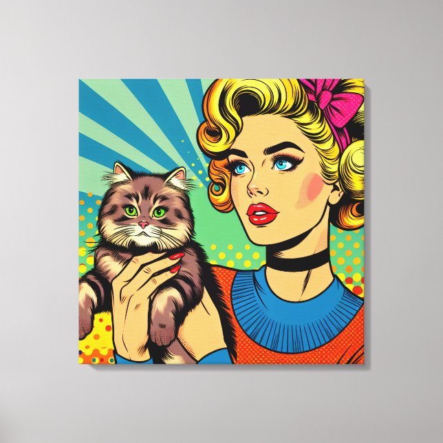 Cartoon Comic Pop Art Women Holding Cat Canvas Print (Front)