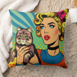 Cartoon Comic Pop Art Women Holding Cat Cushion