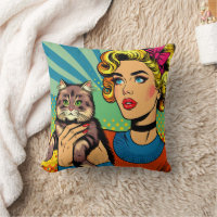 Cartoon Comic Pop Art Women Holding Cat